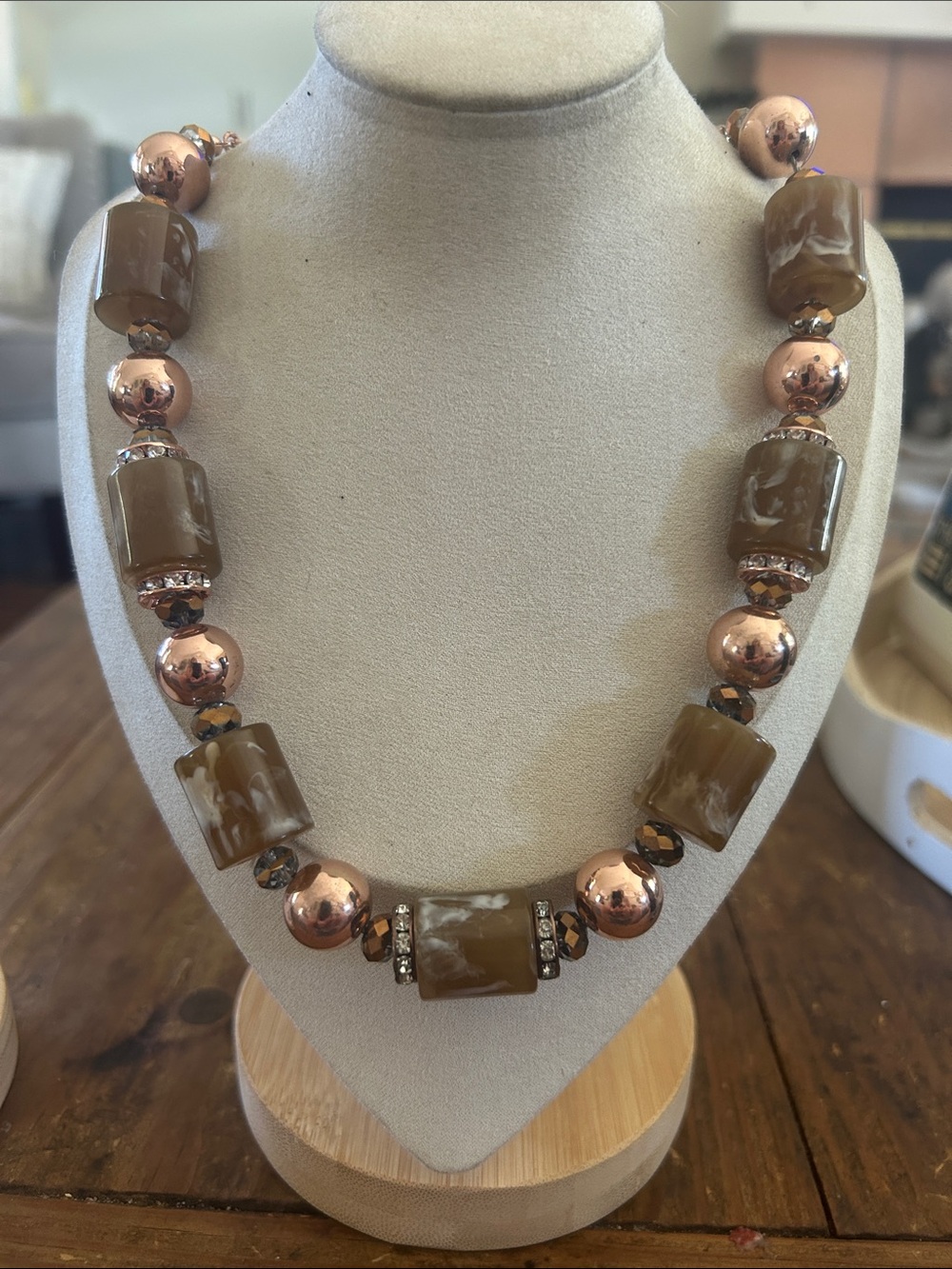 & Other Stories Brown Marbled Bead Necklace with Rose Gold Accents